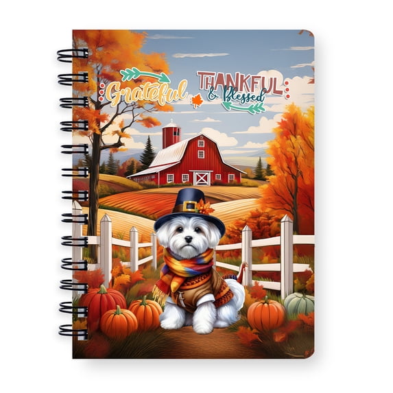 Thanksgiving Maltese Pilgrim Grateful, Thankful, Blessed Fall Welcome Spiral Bound Journal Maltese Dog Lover Gifts Idea 5x7in Spiral Notebook - 00021