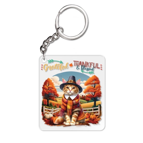 Thanksgiving Manx Pilgrim Grateful, Thankful, Blessed Fall Welcome Acrylic Keychain Cat Lover Kitten Owner Gifts Collar Charm Tag Keyring - 00021