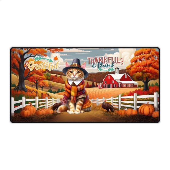 Thanksgiving Manx Pilgrim Grateful, Thankful, Blessed Fall Welcome Desk Mat Full Keyboard Mouse Pad Cat Lover Kitten Owner Gifts Large Mousepad - 00021