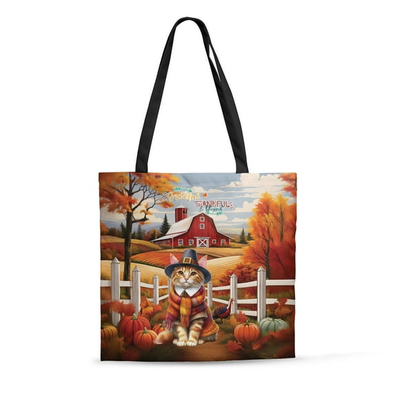 Thanksgiving Manx Pilgrim Grateful, Thankful, Blessed Fall Welcome All Over Print 3D Canvas Tote Bag Cat Lover Kitten Owner Gifts Reusable Handbag - 00021