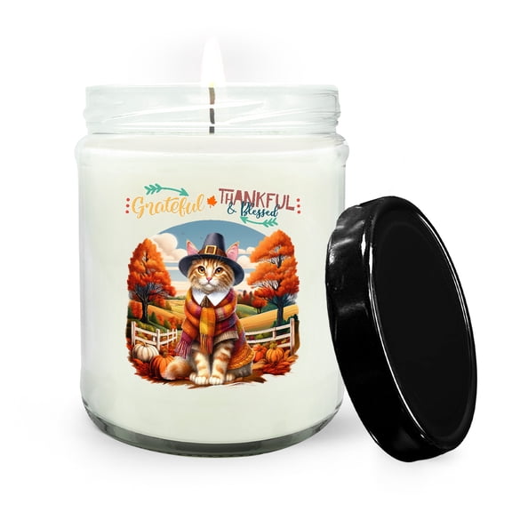Thanksgiving Manx Pilgrim Grateful, Thankful, Blessed Fall Welcome Soy Wax Candle Cat Lover Kitten Owner Gifts 16oz White Vanilla Candle - 00021