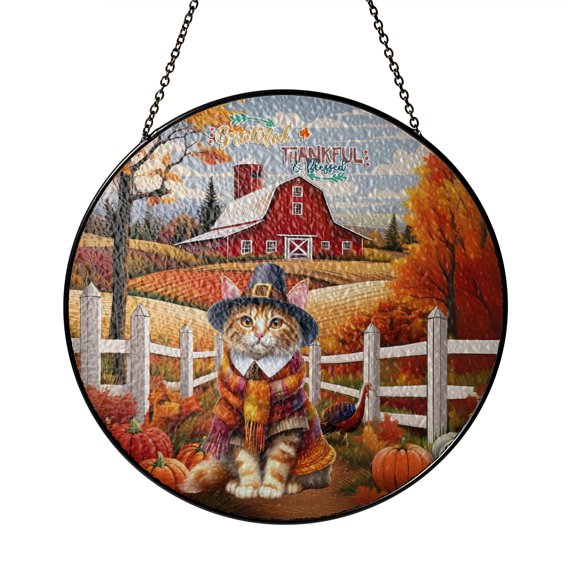 Thanksgiving Manx Pilgrim Grateful, Thankful, Blessed Fall Welcome Stained Glass Suncatcher Cat Lover Kitten Owner Gifts Window Hanging Sign Decor - 00021