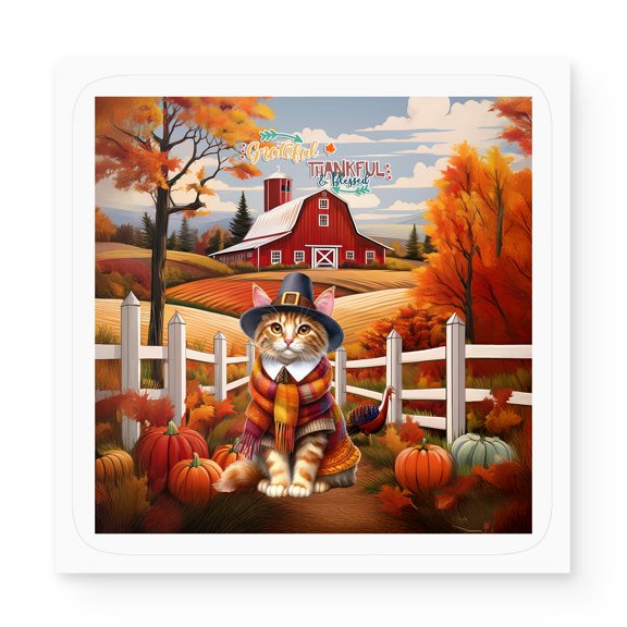 Thanksgiving Manx Pilgrim Grateful, Thankful, Blessed Fall Welcome Vinyl Sticker Cat Lover Kitten Owner Gifts Waterproof Decal Art Decor - 00021