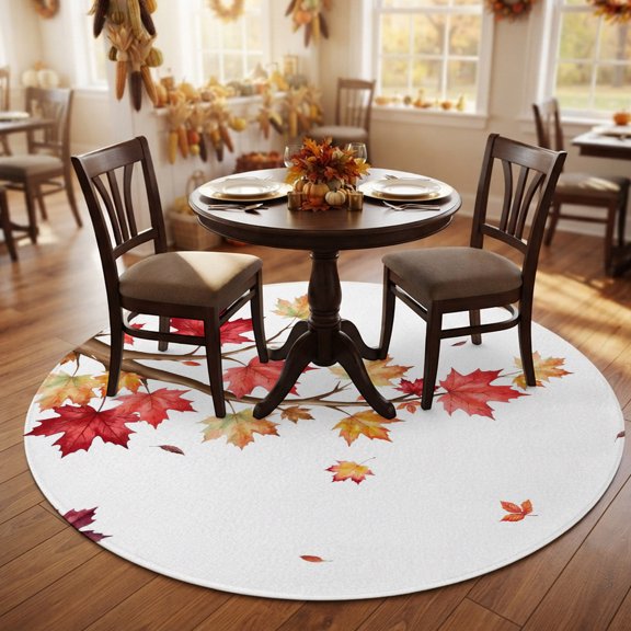 Thanksgiving Maple Branch Round Area Rug 5ft,Living Room Rug Non-Slip Washable Circle Rugs Pad,Fall Harvest Maple Leaves Soft Floor Carpet for Bedroom Dining Room