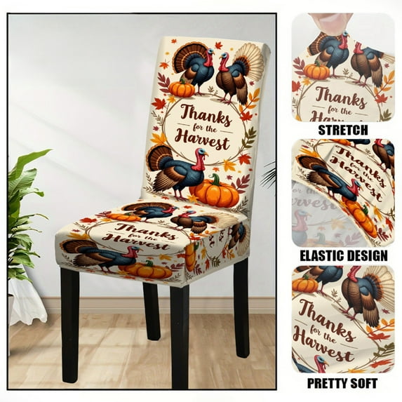 Thanksgiving Maple Chair Covers Fall Vintage Dining Chair Slipcovers Thanksgiving Seat Covers Autumn Pumpkin Turkey Stretch Removable Washable Dining Protector for Party Kitchen Farmhouse 1 Pcs