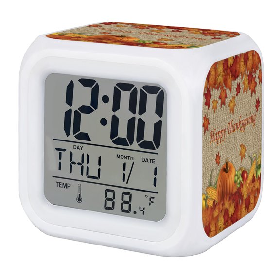 Thanksgiving Maple Digital Alarm Clock for Bedrooms, Smart LED Alarm Clock with 7 Color Changing Night Light, Fall Pumpkin Leaves Farmhouse Retro Brown Silent Wake Up Clocks for Sleep Study Cooking