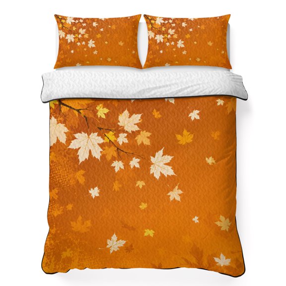 Thanksgiving Maple Leaf 3 Piece Quilt Bedding Set with 2 Pillow Shams, Fall Country Rustic Orange Leaf Tree Lightweight Bedspread Coverlet, Soft Breathable All Season Quilt, 79 x 90 Inch
