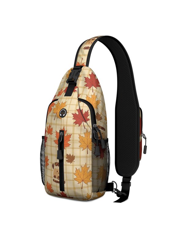 Thanksgiving Maple Leaf Cookie Plaid Sling Backpack, Cycling Sling Bag with Earphone Port, Breathable Padded Back Gift Ideas for Holiday Birthday Gifts