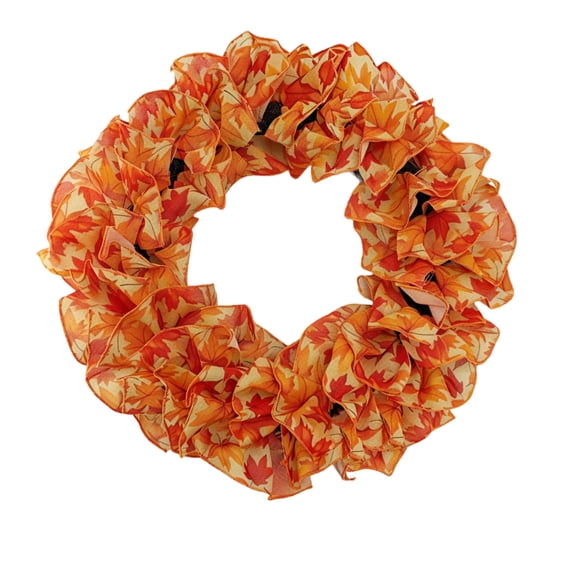 Thanksgiving Maple Leaf Fabric Wreath, 17.71" Ruffled Door Wreath with Vibrant Orange Autumn Leaves (D)