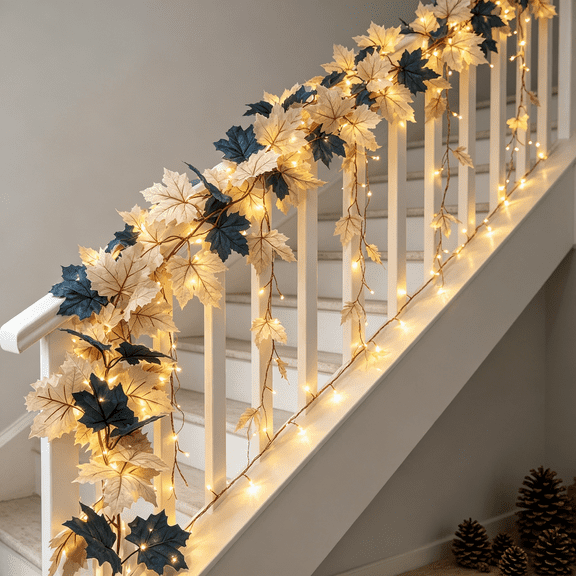 Thanksgiving Maple Leaf Garland, 5.7 FT Fall Garland with Lights Artificial Autumn White Blue Leaf Hanging Decortion for Mantel, Fireplace & Home Decor