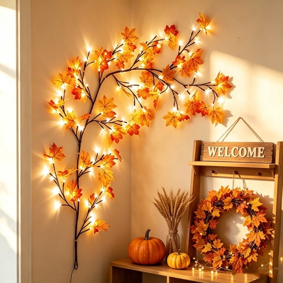Thanksgiving Maple Leaf LED Lighted Branch, 47.24 in Bendable Twig Lights with Warm White LEDs, Fall Harvest Decor for Home