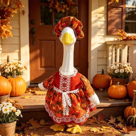 Thanksgiving Maple Leaf Lace Dress, Porch Goose Costume Set with Hat and Lace Dress, Fall Maple Leaf Outfit for 23 Inch Statue, Maple Leaf Lace Costume for Thanksgiving Porch Display