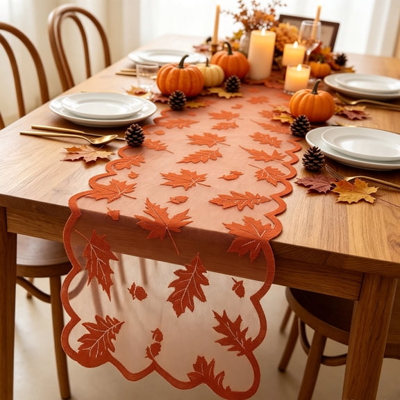 Thanksgiving Maple Leaf Lace Table Runner, Fall Harvest Dining Decor, Leaf Patterned Square Cloth for Kitchen, Restaurant, and Holiday Meals