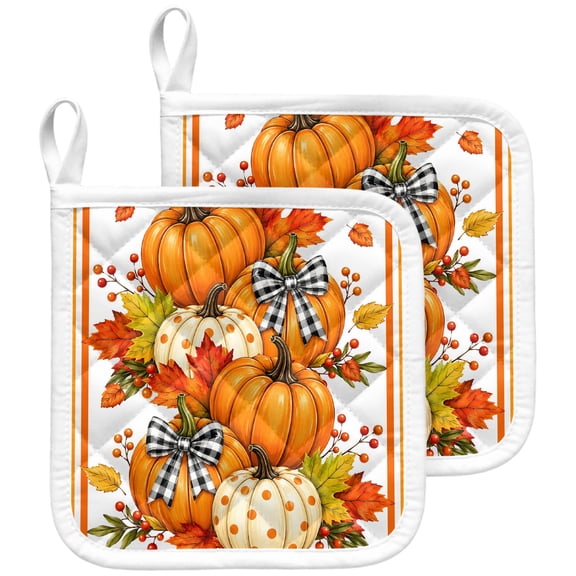 Thanksgiving Maple Leaf Pot Holders for Kitchen Heat Insulation Potholder,Kitchen Pot Holders Sets Washable Oven Hot Pads Terry Cloth Trivet for Cooking Fall Pumpkins Berries Autumn Farm 2 Pack