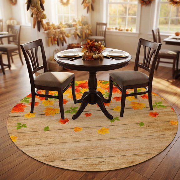 Thanksgiving Maple Leaf Round Area Rug 5ft,Living Room Rug Non-Slip Washable Circle Rugs Pad,Autumn Leaves Farmhouse Wood Plank Soft Floor Carpet for Bedroom Dining Room