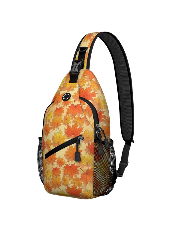 Thanksgiving Maple Leaf Shadow Pattern Sling Backpack, Unisex Cycling Crossbody Bag with Side Mesh Pockets, Adjustable Ambidextrous Strap Gift Ideas for Travel Shopping Commuting