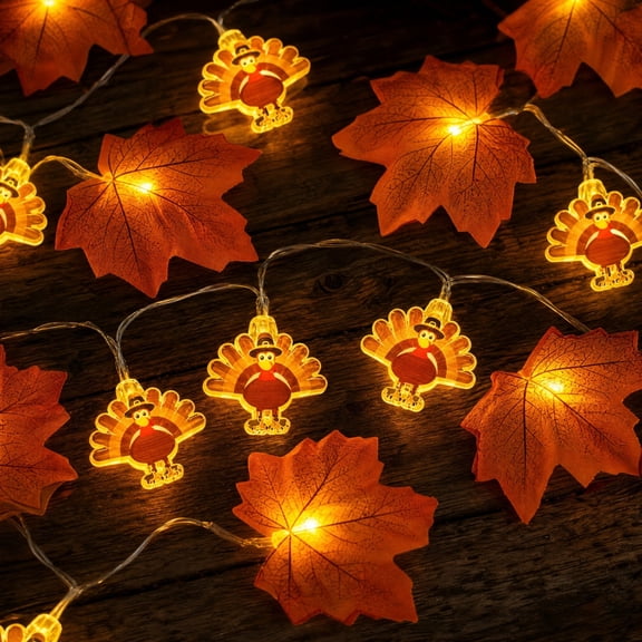 Thanksgiving Maple Leaf & Turkey String Lights, LED Fall Garland Lighting for Mantel, Window, Table, Porch, Halloween Party, Harvest Gathering & Seasonal Home Decoration, Party Table Accent
