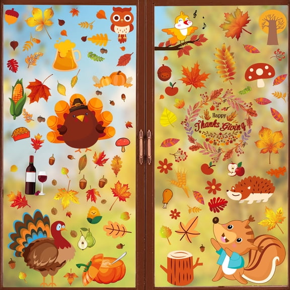 Thanksgiving Maple Leaf Window Cling, 6 Pack Static Cling Turkey Decorative Window Sticker for Glass, Reusable Waterproof Fall Holiday Decor, 8x12 Inch