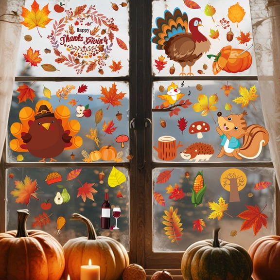 Thanksgiving Maple Leaf Window Stickers with Turkey Design, Electrostatic Glass Decals for Autumn Home Decor, Removable Holiday Window Art