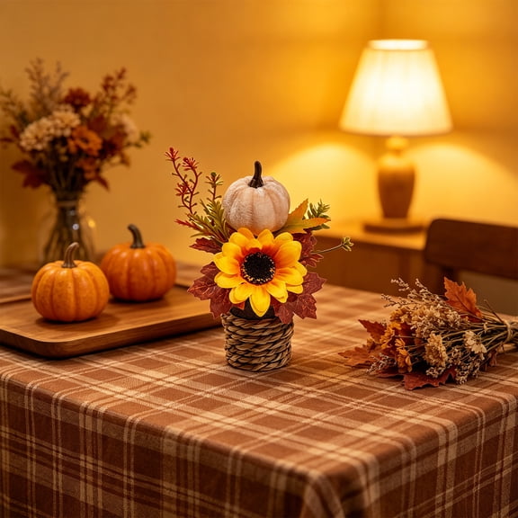 Thanksgiving Maple Leaf and Pumpkin Mini Potted Plant, 5.5 x 5.1-Inch Artificial Fall Greenery for Desktop and Indoor Table Decor