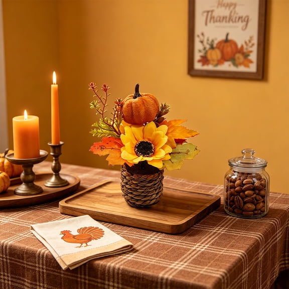 Thanksgiving Maple Leaf and Pumpkin Mini Potted Plant, 5.5 x 5.1-Inch Artificial Fall Greenery for Desktop and Indoor Table Decor
