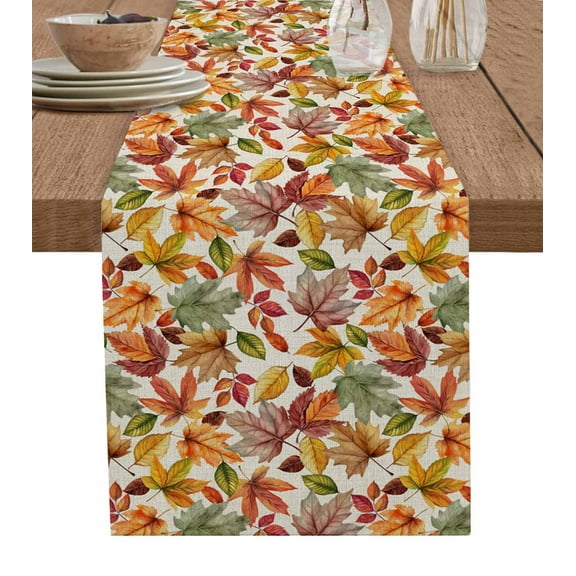 Thanksgiving Maple Leaves Burlap Cotton Table Runner 13x72 Inches Long, Fall Orange Country Plants Farmhouse Table Runners, Outdoor Dining Tablecloths Decor for Baby Shower/Party/Wedding