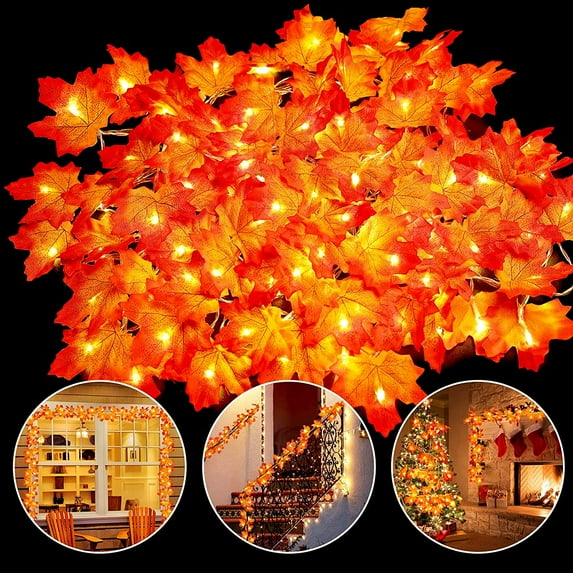 Thanksgiving Maple Leaves Garland Lights Indoor Outdoor String Lights, Battery Operated Maple Leaves Garland with Lights for Home Harvest Room Autumn Fall Decorations(20ft 40 Led, 1 Pack)