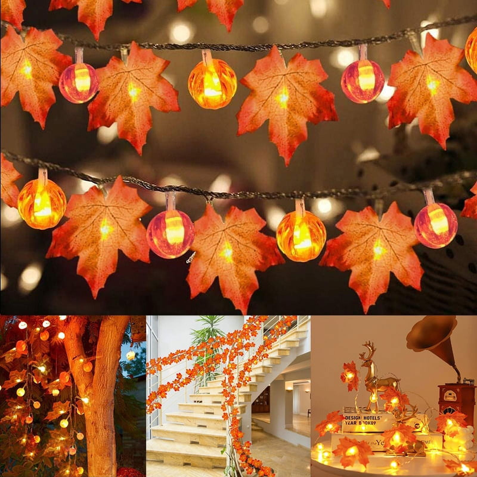 Thanksgiving Maple Leaves Lights 20ft 40 LEDs Fall Leaves Garlands with Lights Waterproof Battery Operated String Lights for Halloween Autumn Harvest Festival Outdoor Garden Party Decor