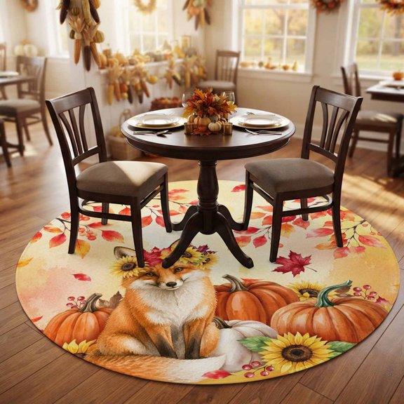Thanksgiving Maple Leaves Round Area Rug 5ft,Living Room Rug Non-Slip Washable Circle Rugs Pad,Farmhouse Fall Harvest Soft Floor Carpet for Bedroom Dining Room
