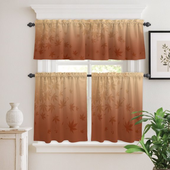 Thanksgiving Maple Leaves Silhouette Curtain Tier and Valance Set 3 Piece,Fallen Leaf Orange Ombre 3-inch Rod Pocket Window Tier Curtains Valance for Kitchen Living Room