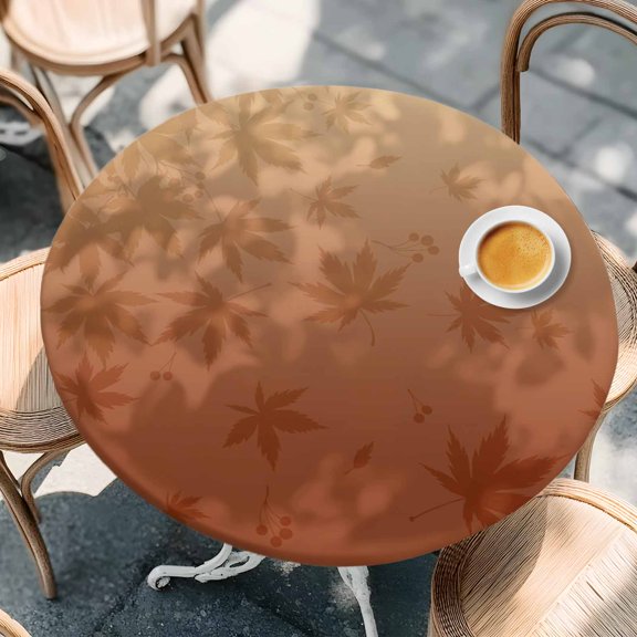 Thanksgiving Maple Leaves Silhouette Round Fitted Tablecloth with Elastic Edge,Waterproof Table Cloth Fits 55"-60" Tables,Wipeable Table Cover for Indoor Outdoor Dinning,Fallen Leaf Orange Ombre