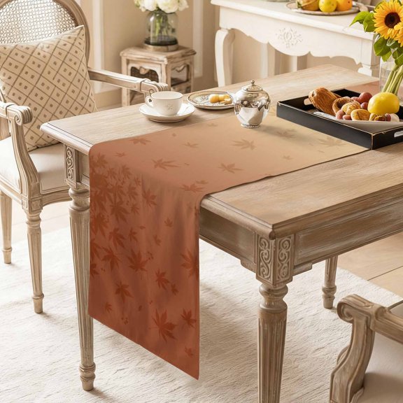 Thanksgiving Maple Leaves Silhouette Table Runner 13x90in Non-Slip Cotton Linen Table Runners, Fallen Leaf Orange Ombre Dresser Scarves TableRunner for Dinner Kitchen Dining Wedding Party
