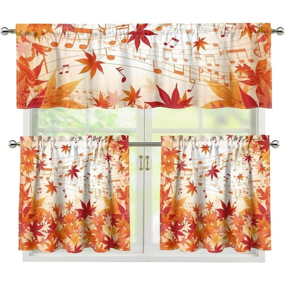 Thanksgiving Maple Leaves Valance & Tier Curtain 3 Pcs Set Autumn Shade Window Treatment for Kitchen Room Decorative M