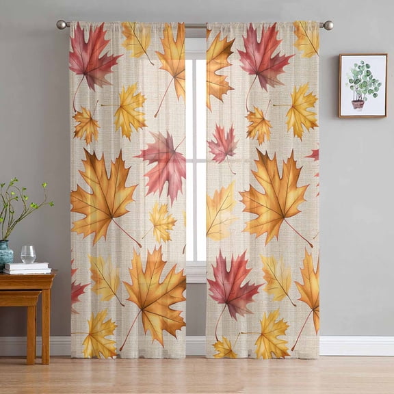 Thanksgiving Maple Sheer Curtains 72 Inches Long 2 Panels Set, Window Sheer Curtains for Living Room/Bedroom, Fall Orange Leaves Autumn Retrp Beige Light Filtering Rod Pocket Curtain 52'' x 72'' x 2