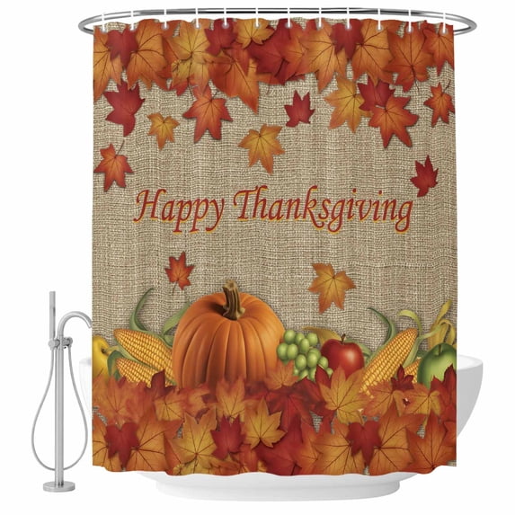 Thanksgiving Maple Shower Curtain, Waterproof Shower Curtains for Bathroom, Fall Pumpkin Leaves Farmhouse Retro Brown Washable Fabric Bathtub Curtain Set Bath Decor with 12 Hooks Stall 36"x72"