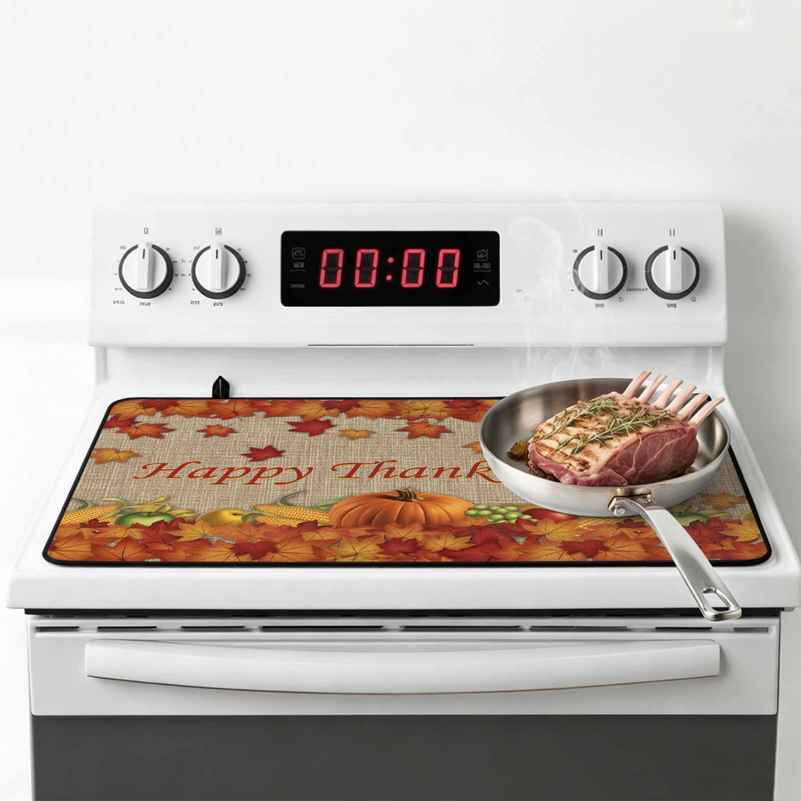 Thanksgiving Maple Stove Top Cover for Electric Stove, Heat-proof & Non Slip Glass Top Stove Cover Protector, Fall Pumpkin Leaves Farmhouse Retro Brown Kitchen Flat Cooktop Rubber Mat 24x21 Inches