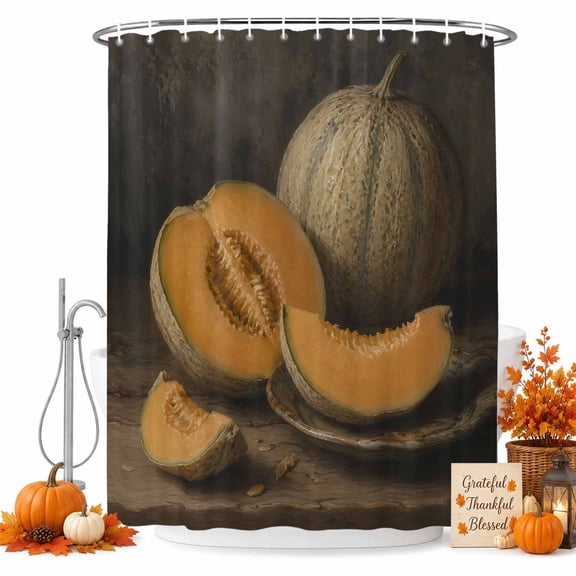 Thanksgiving Melon Shower Curtain Set with Hooks, Fall Country Farmhouse Vintage Sturdy Water Repellent Shower Curtains for Bathroom Bathtub, Machine Washable 36x72 Inch
