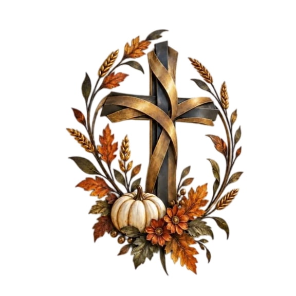 Thanksgiving Metal Wall Art, Fall Cross and Pumpkin Wall Hanging, Maple Leaf and Wheat Sign, Farmhouse Porch Decor