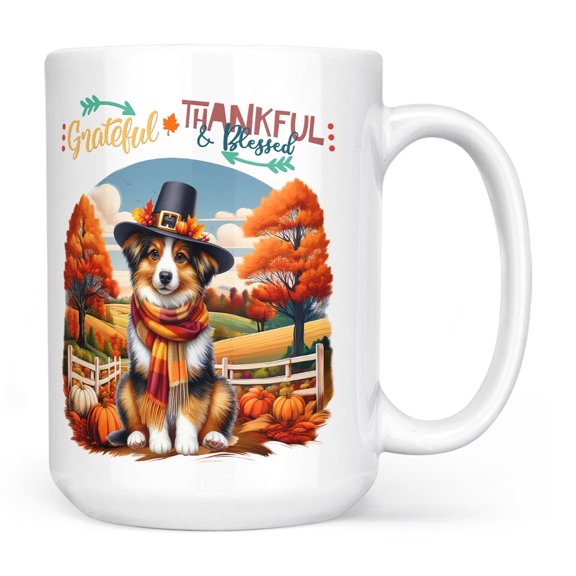 Thanksgiving Miniature American Shepherd Pilgrim Grateful, Thankful, Blessed Fall Welcome Mug MAS Dog Lover Gifts Coffee Tea Cup - 00021