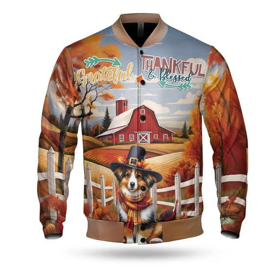 Thanksgiving Miniature American Shepherd Pilgrim Grateful, Thankful, Blessed Fall Welcome All Over Print 3D Baseball Jacket MAS Dog Lover Gifts Bomber Jacket Softball - 00021