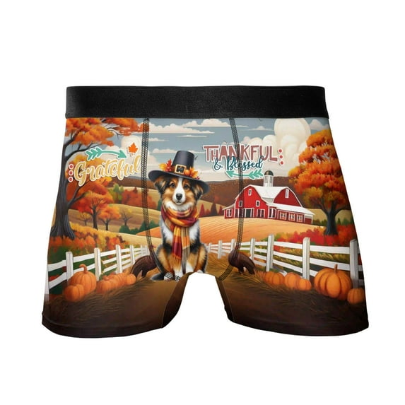 Thanksgiving Miniature American Shepherd Pilgrim Grateful, Thankful, Blessed Fall Welcome All Over Print Boxer Briefs Underwear for Men Dad MAS Dog Lover Gifts - 00021