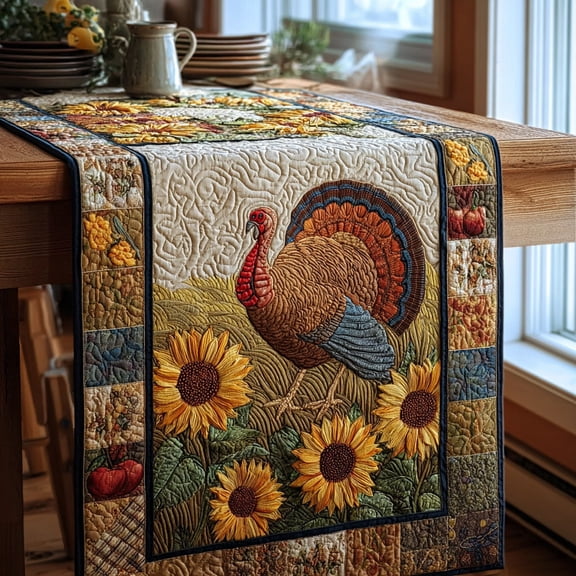 Thanksgiving Morning Turkey Quilted Kitchen Table Runner, Charming Farmhouse Dining and Home Decor