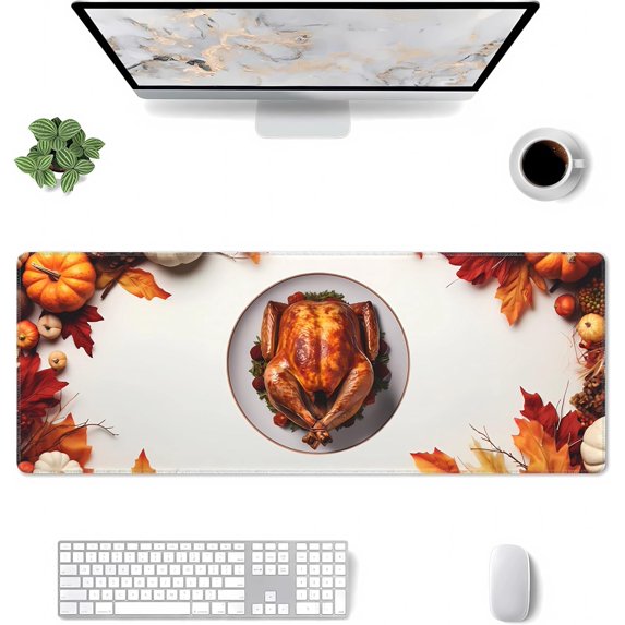 Thanksgiving Mouse Pad, XL Fall Desk Pad, Thanksgiving Decoration Desk Mat with Turkey and Pumpkin, Non-Slip Rubber Base, Big Extended Desk Protector for Home Office, 31.5"x11.8" (Turkey)