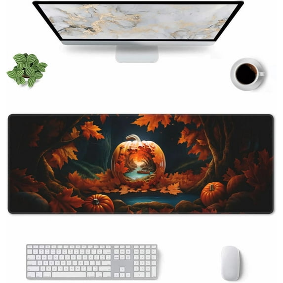 Thanksgiving Mouse Pad, XL Gaming Keyboard Mat, Fall Decoration Desk Mat with Pumpk and Maple Leaves, Non-Slip Rubber Base, Big Extended Desk Protector for Home Office, 31.5"x11.8" (Fall)