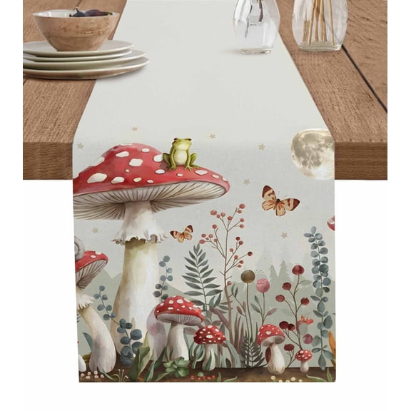 Thanksgiving Mushroom Burlap Cotton Table Runner 13x120 Inches Long, Fall Leaves Moon Beige Rustic Farmhouse Table Runners, Outdoor Dining Tablecloths Decor for Baby Shower/Party/Wedding