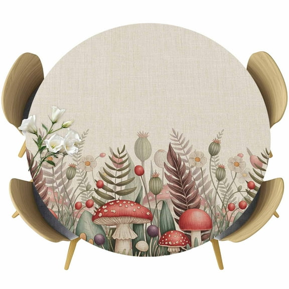 Thanksgiving Mushroom Round Tablecloth 36-44 Inch Round Fitted Table Cloth with Elastic Edge, Fall Leaves Vintage Country Botanical Waterproof Table Cover Protector for Outdoor Picnic Party Dining