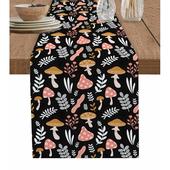 Thanksgiving Mushrooms Burlap Cotton Table Runner 13x70 Inches Long, Fall Leaves Country Pastoral Farmhouse Table Runners, Outdoor Dining Tablecloths Decor for Baby Shower/Party/Wedding