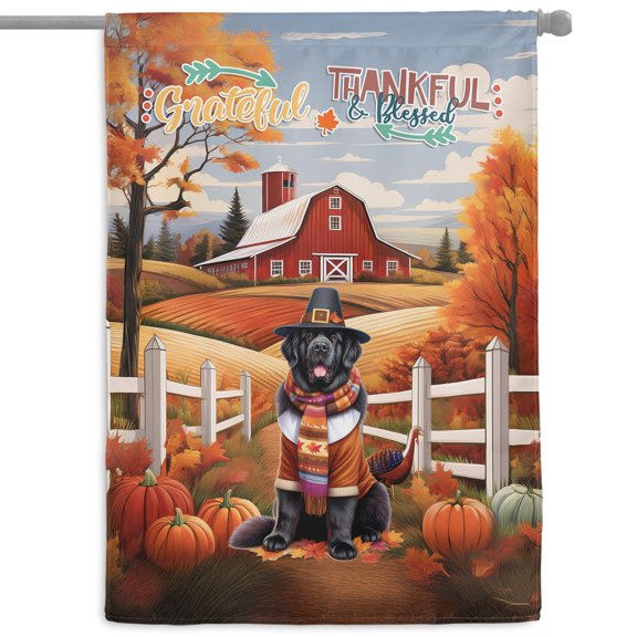 Thanksgiving Newfoundland Pilgrim Grateful, Thankful, Blessed Fall Welcome House Flag 28x40in Double Sided Newfie Dog Lover Gifts Outdoor Decor - 00021