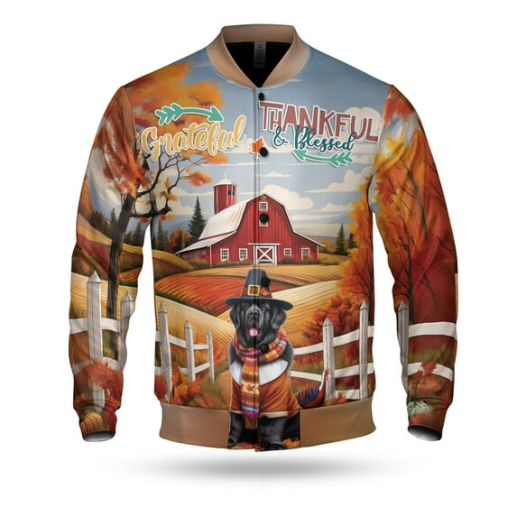 Thanksgiving Newfoundland Pilgrim Grateful, Thankful, Blessed Fall Welcome All Over Print 3D Baseball Jacket Newfie Dog Lover Gifts Bomber Jacket Softball - 00021