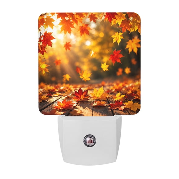 Thanksgiving Night Light, Fall Orange Yellow Red Maple Leaf Woodland Sunbeam Plug in Night Lights with Dusk to Dawn Sensor, Energy Saving Orange LED Nightlight for Bedroom Bathroom, Auto On/Off